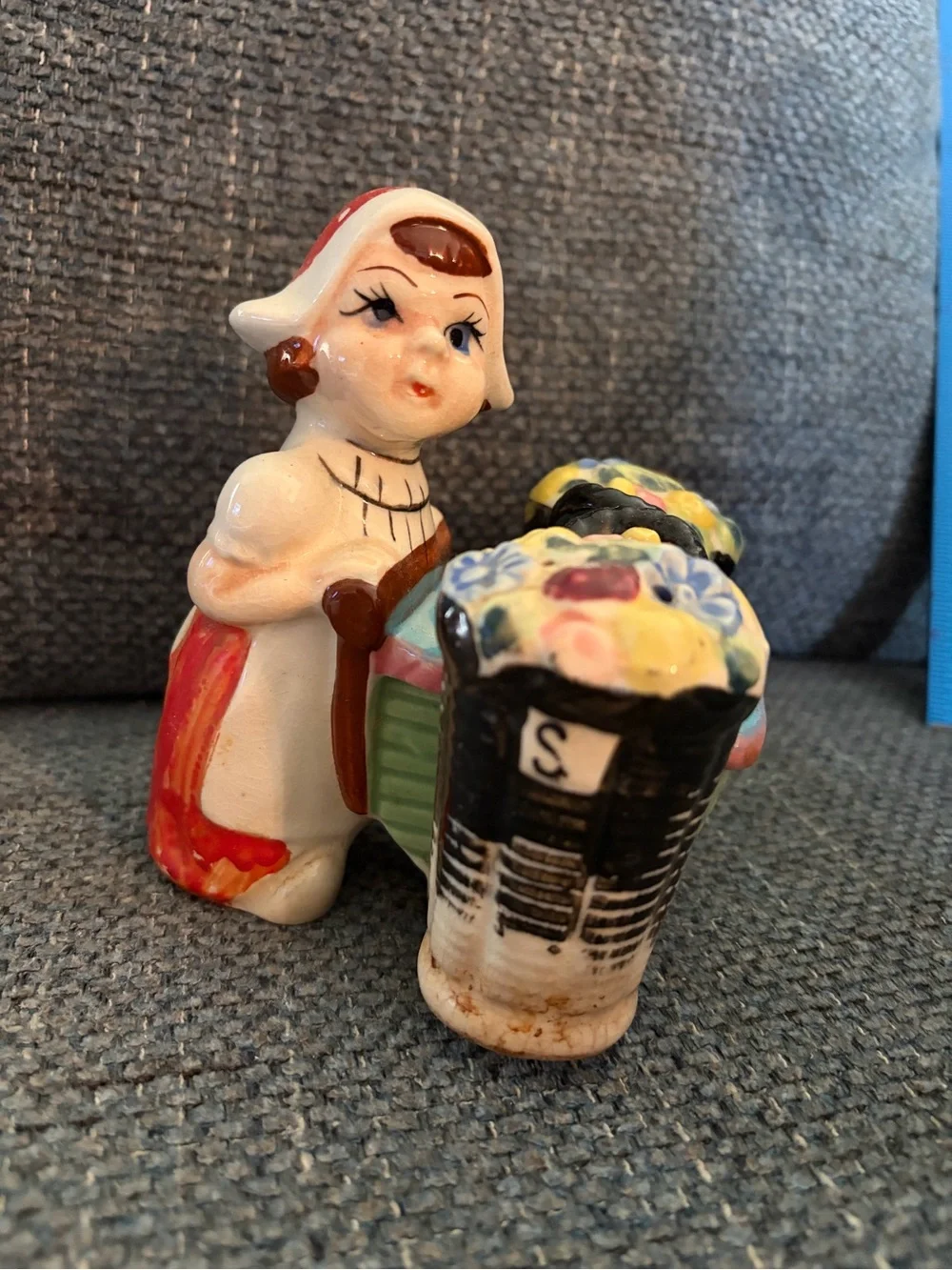 Vintage Figurine of Girl with Flower Basket Salt and Pepper Shakers